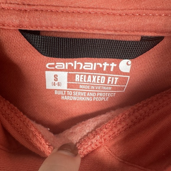 CARHARTT Womens Small 4-6 Relaxed Fit Orange Logo Hoodie Sweatshirt Front Pocket - Picture 4 of 5